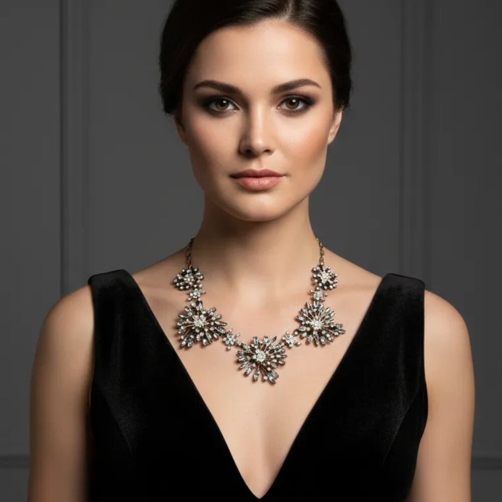 Banana Republic Crystal Starburst Bib Necklace Gold Tone Clear Marquise Cluster